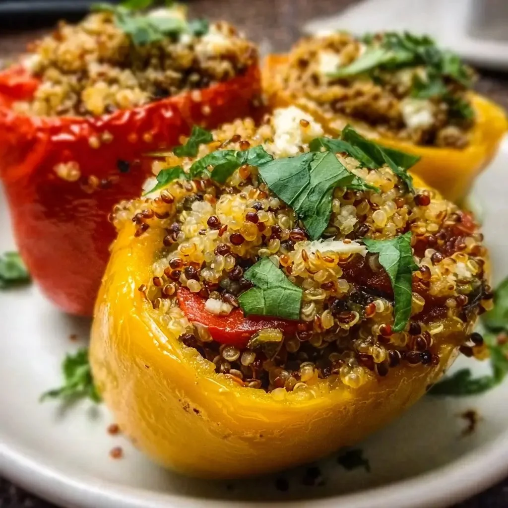 Colorful quinoa stuffed peppers filled with fresh vegetables and spices