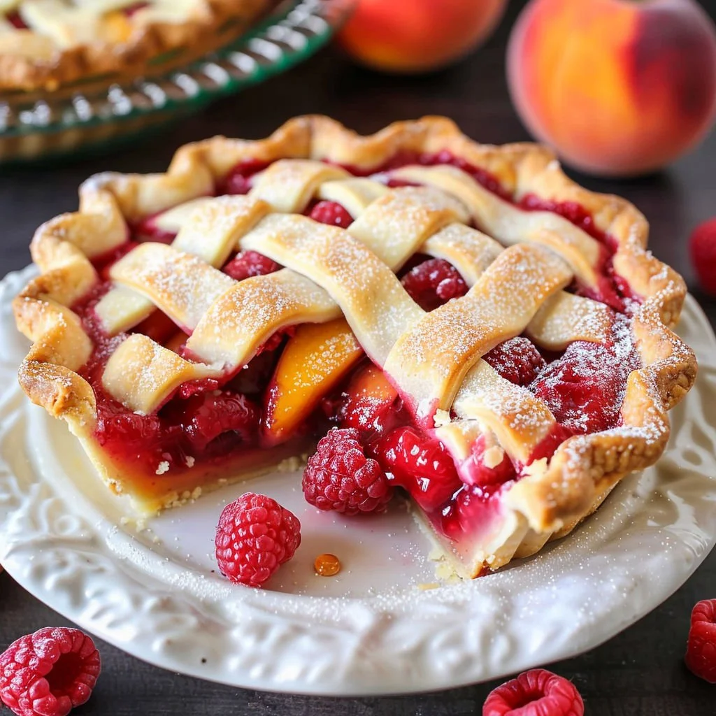 Delicious raspberry peach pie crust ready for baking with fresh ingredients.