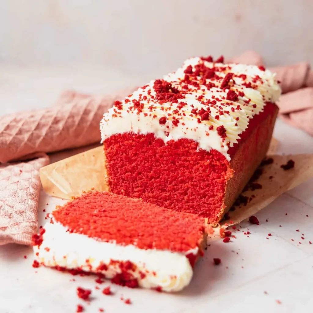 Low carb Red Velvet Cake topped with cream cheese frosting on a white plate.