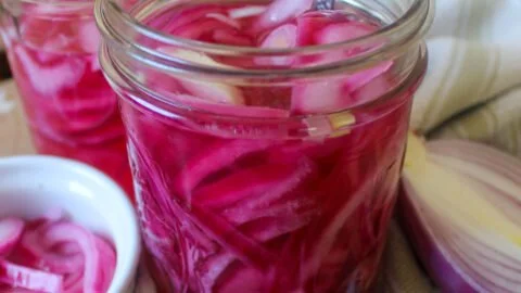 Homemade refrigerator pickled red onions in a jar
