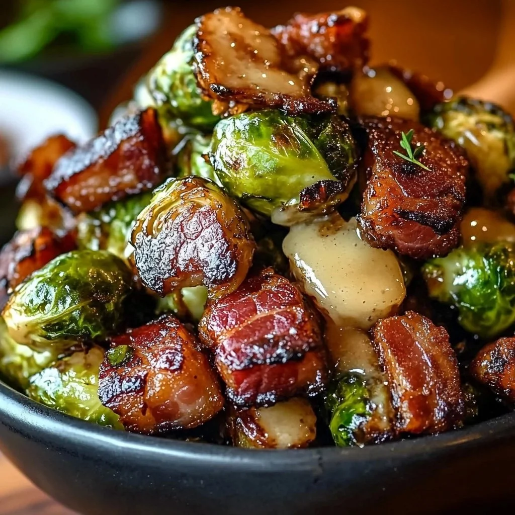 Plate of roasted Brussels sprouts drizzled with honey and topped with crispy bacon.