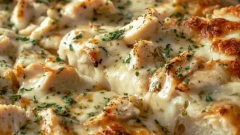 Roasted garlic white chicken pizza with fresh herbs and cheese