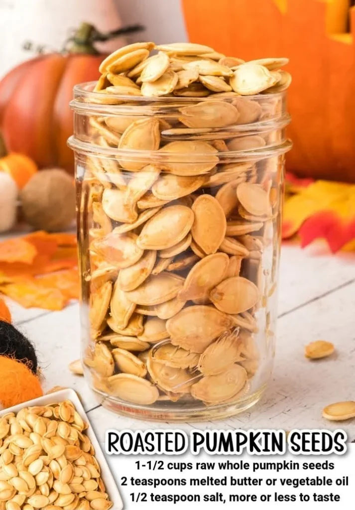A bowl of roasted pumpkin seeds, a healthy and crunchy snack option.