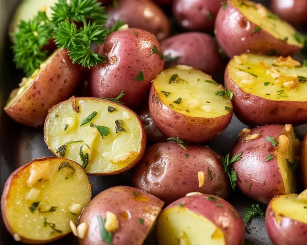 Oven roasted red potatoes with crispy edges and tender interiors, garnished with herbs.