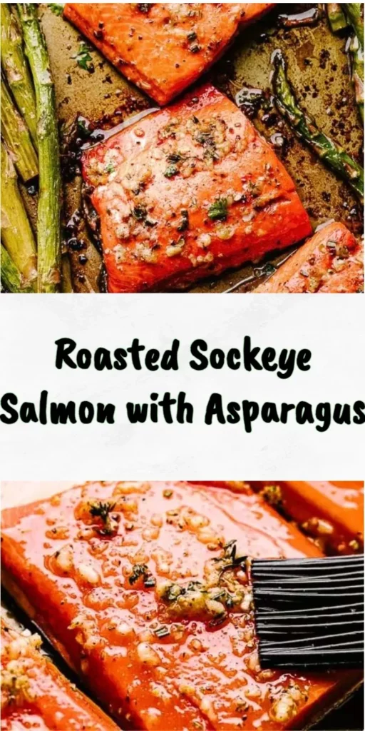 Delicious roasted sockeye salmon with asparagus on a white plate