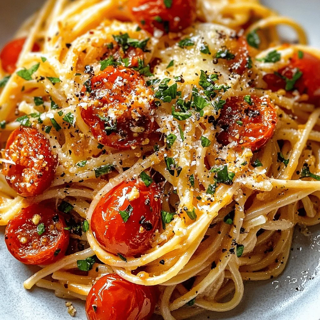 Plate of roasted tomato garlic pasta with fresh herbs and cheese