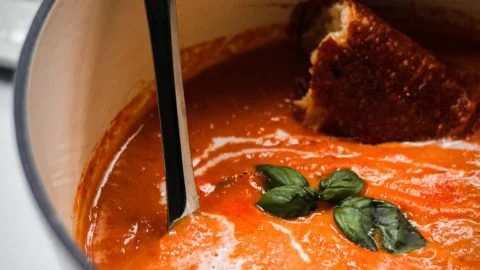 Bowl of roasted tomato and red bell pepper soup garnished with fresh herbs.