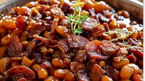 Root Beer Baked Beans Delight served in a bowl, showcasing rich flavors and textures.