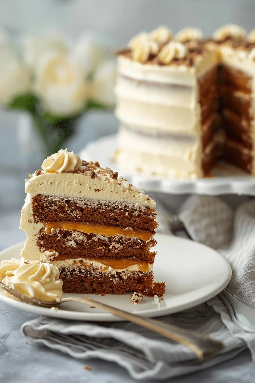 Delicious homemade Salted Caramel Cake topped with caramel drizzle.