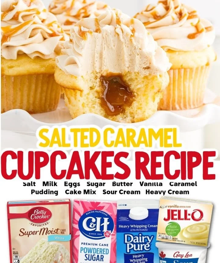 Delicious homemade salted caramel cupcakes with frosting and caramel drizzle