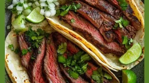 Delicious skirt steak tacos garnished with fresh toppings