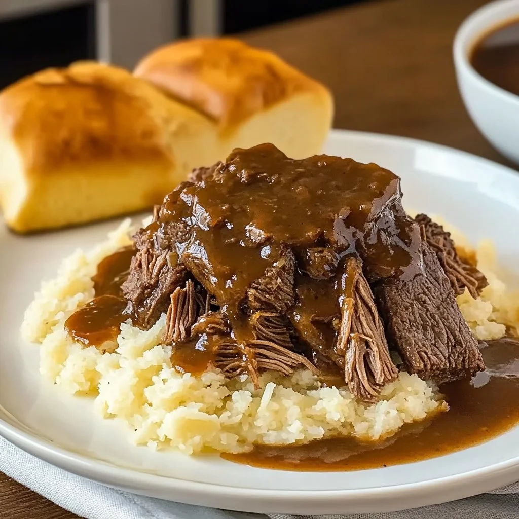 Delicious Slow Cooker Beef Manhattan served in a bowl with fresh herbs