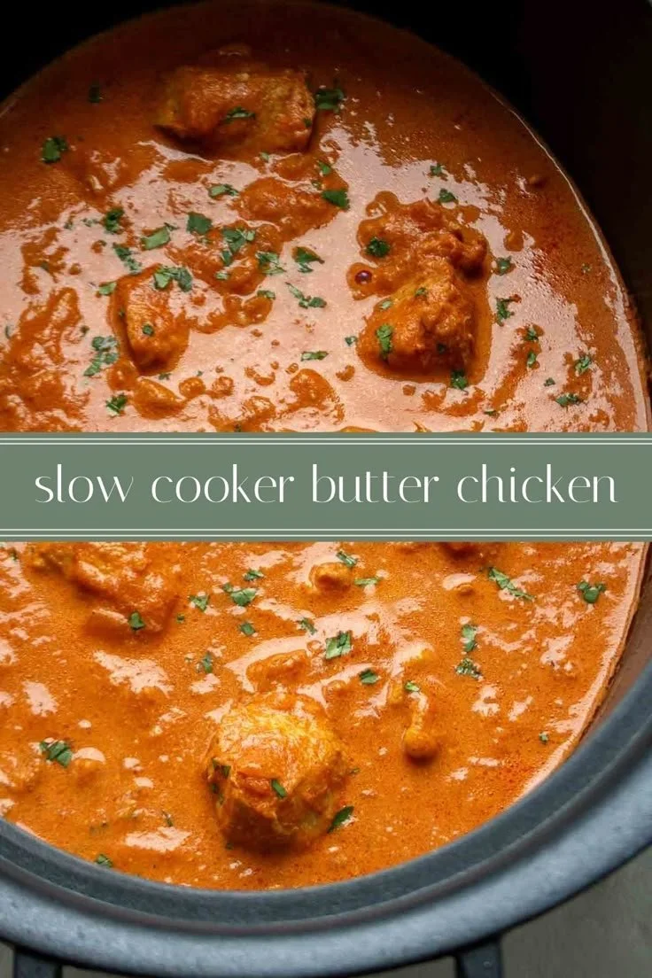 Delicious slow cooker butter chicken served with rice and garnished with cilantro
