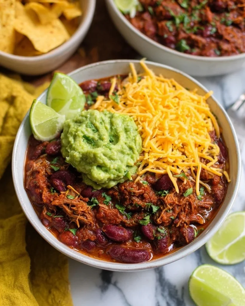 Bowl of slow cooker chipotle chicken chili with toppings