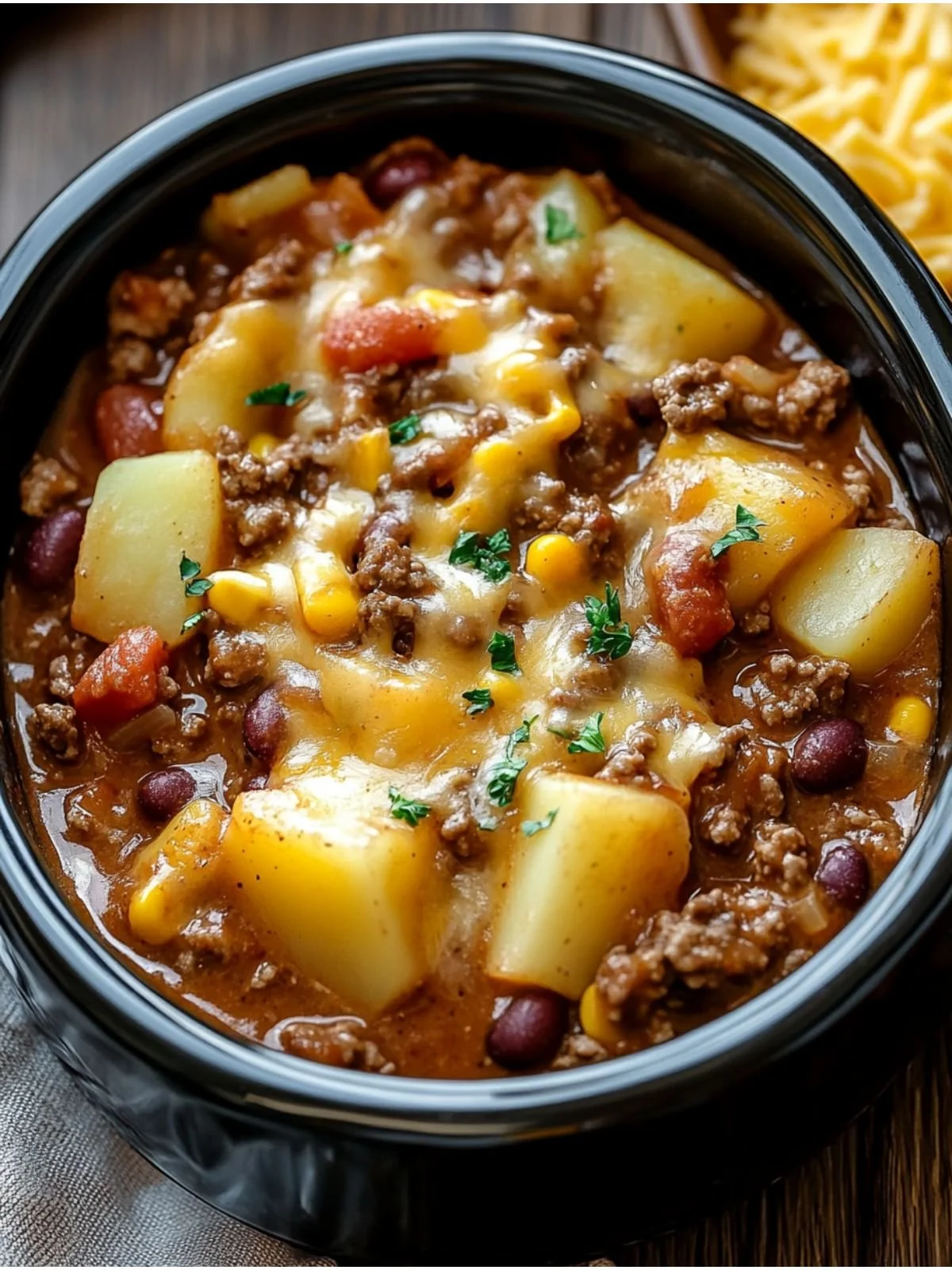 Delicious Slow Cooker Cowboy Casserole topped with cheese and served in a bowl.
