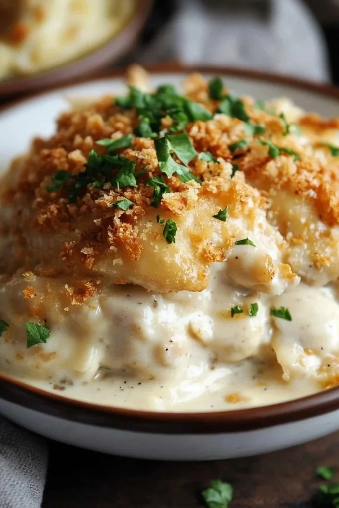 Slow Cooker Cream Cheese Crack Chicken in a white bowl