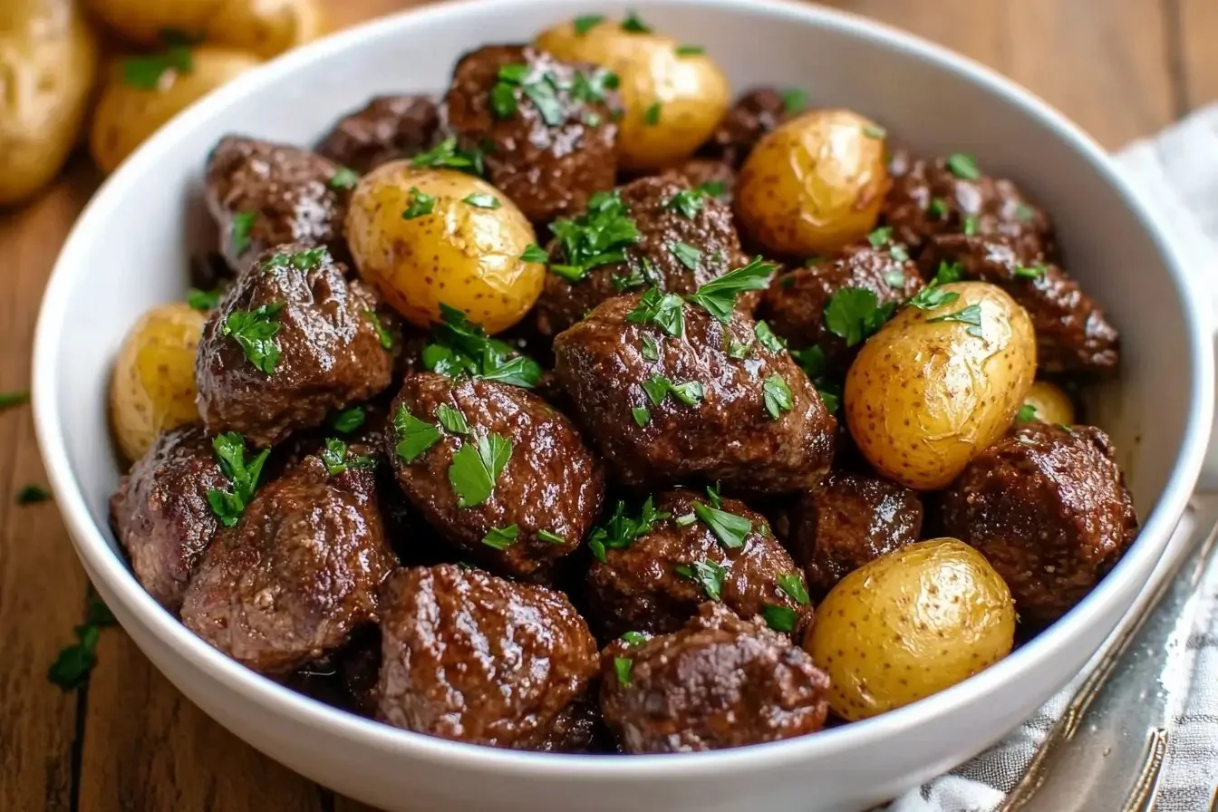 Slow cooker garlic butter beef bites with potatoes on a plate