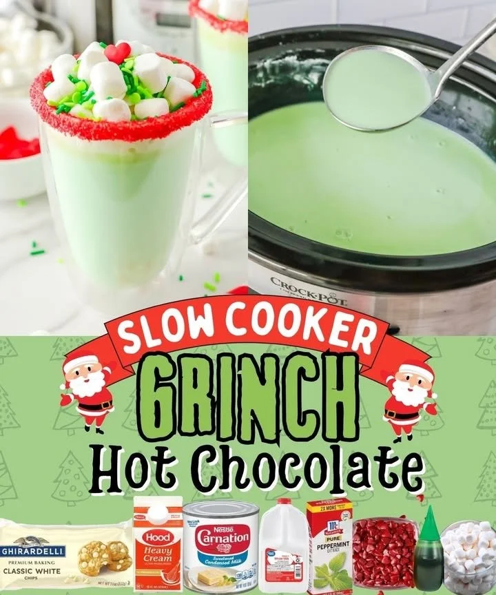 A cozy cup of Slow Cooker Grinch Hot Chocolate topped with whipped cream and festive sprinkles.