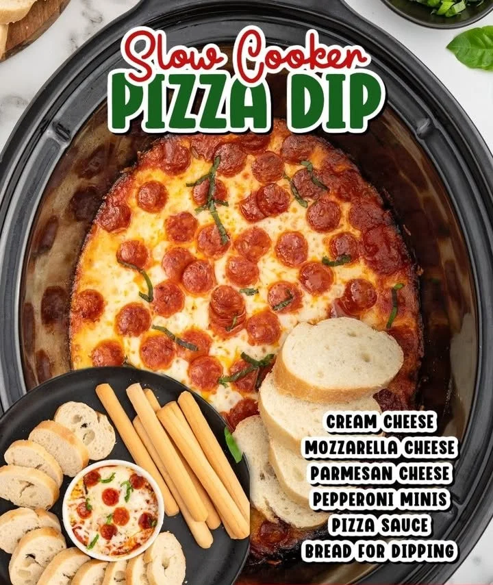 Delicious slow cooker pizza dip topped with cheese and pepperoni, ready to serve.