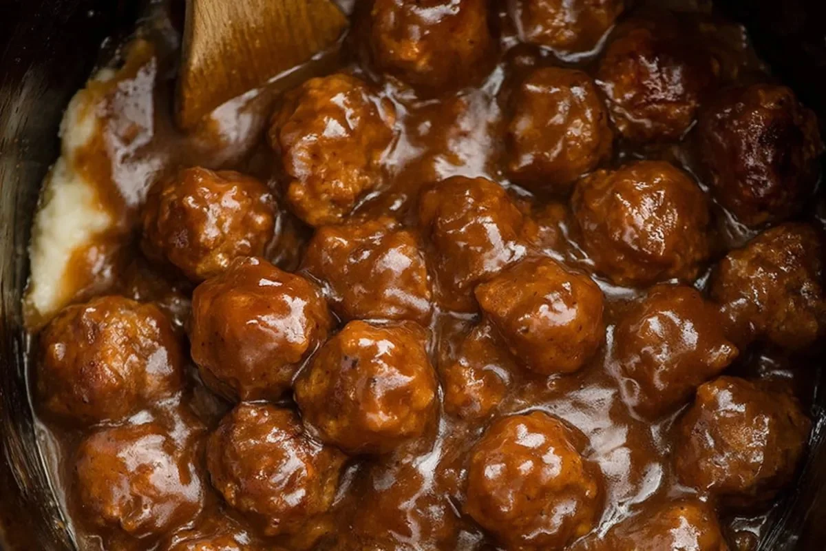 Slow Cooker Salisbury Steak Meatballs served with gravy and mashed potatoes