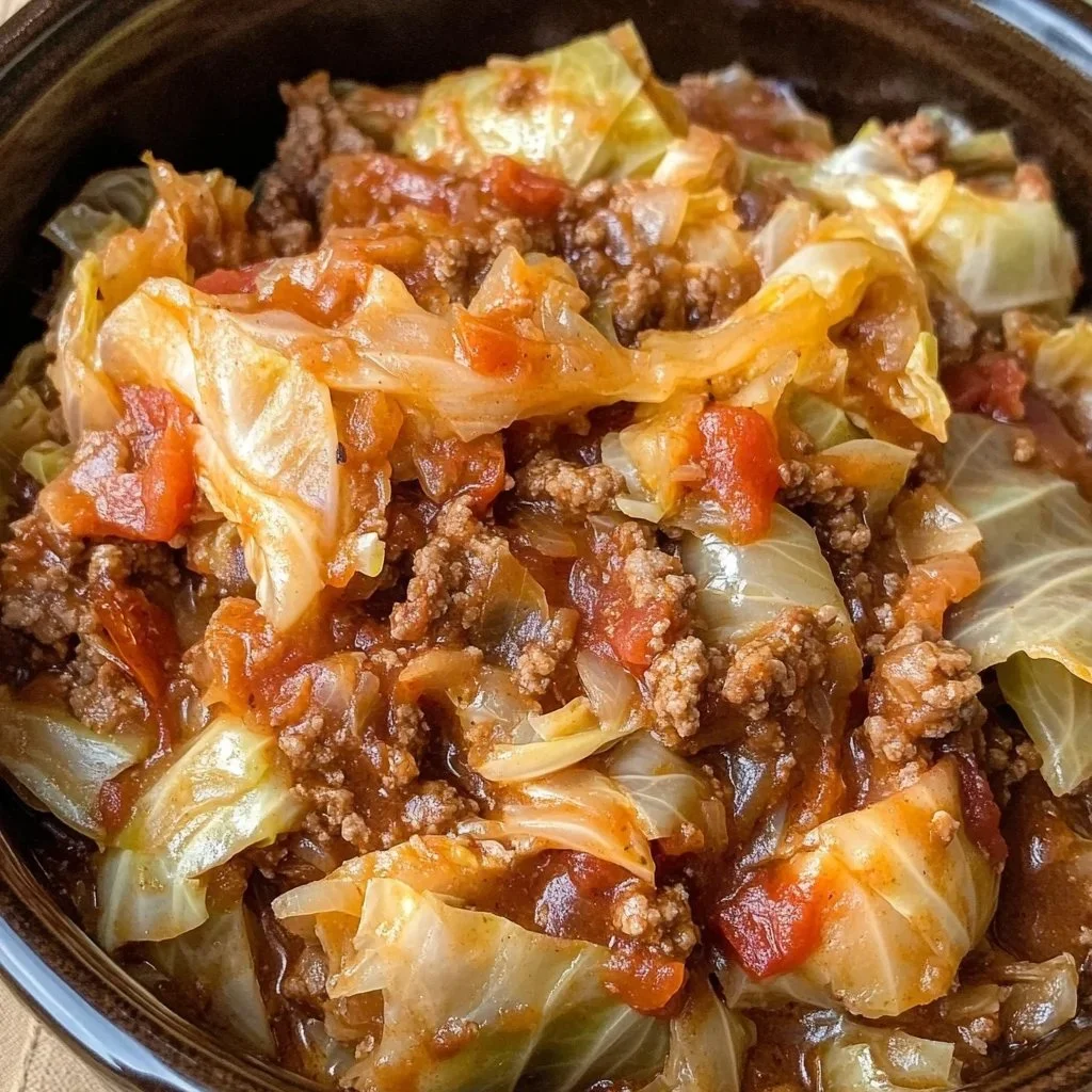Bowl of slow cooker unstuffed cabbage rolls with fresh herbs
