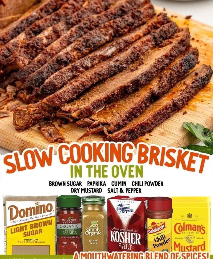 Slow-cooked brisket in the oven, tender and flavorful dish.