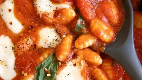 Delicious Sorrento-style gnocchi served with fresh basil and tomato sauce.