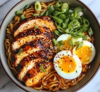Bowl of spicy and creamy chicken ramen garnished with green onions and spices
