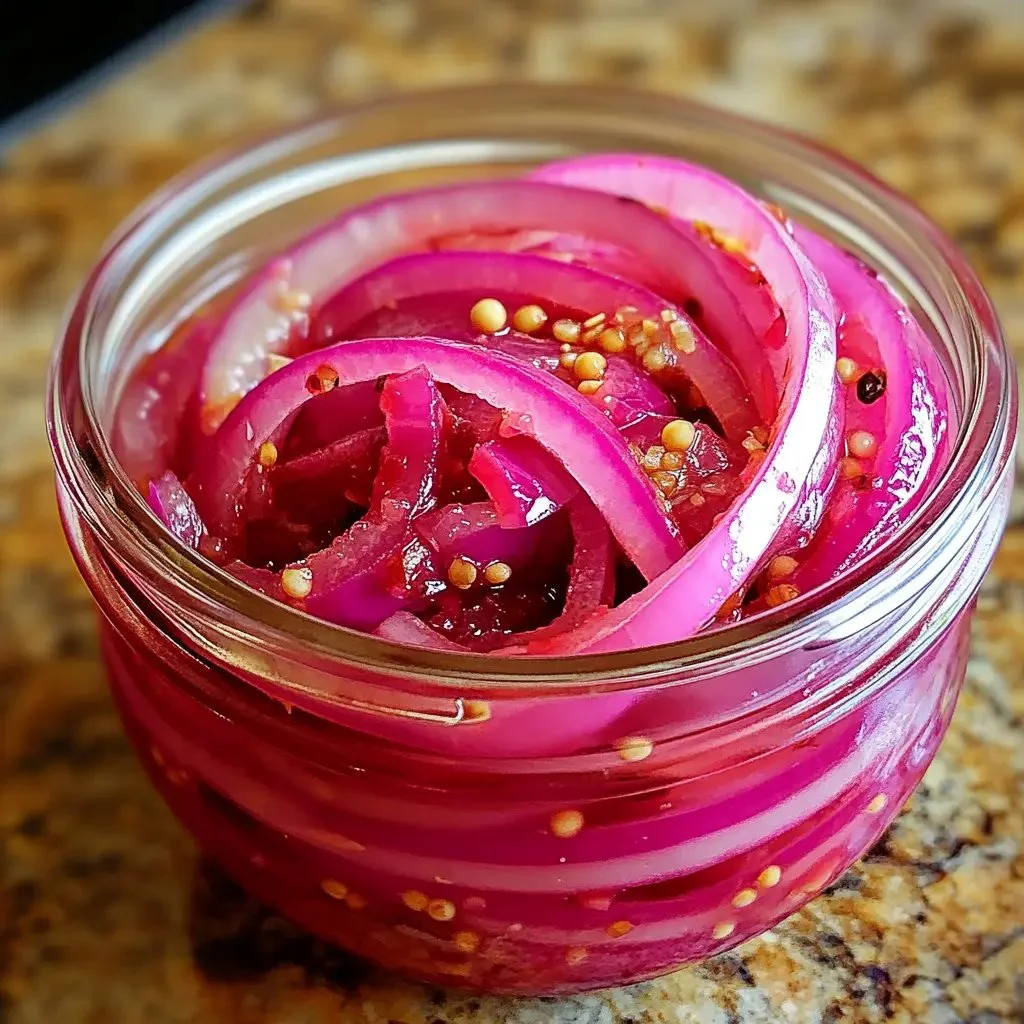 Spicy pickled red onions in a jar, ready to enhance your meals with flavor.