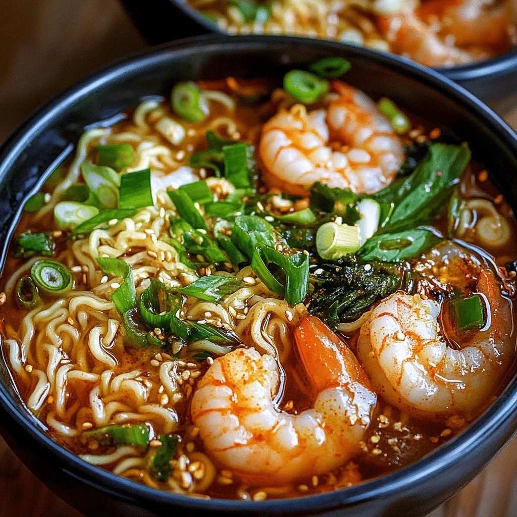 A bowl of spicy shrimp ramen topped with herbs and chili flakes.