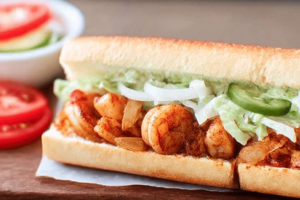 Cajun grilled shrimp po boy sandwich with spicy shrimp and fresh toppings