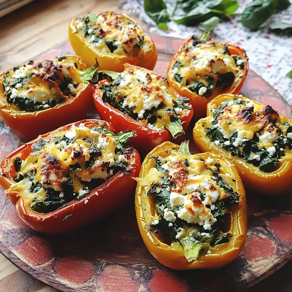 Spinach and feta stuffed peppers served on a plate, showcasing a healthy meal option