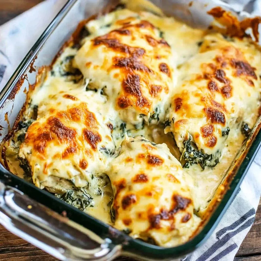 Baked Spinach Artichoke Chicken topped with cheese and herbs on a white plate