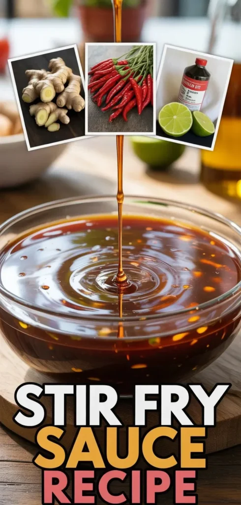 Homemade stir fry sauce in a glass bowl with fresh vegetables and spices