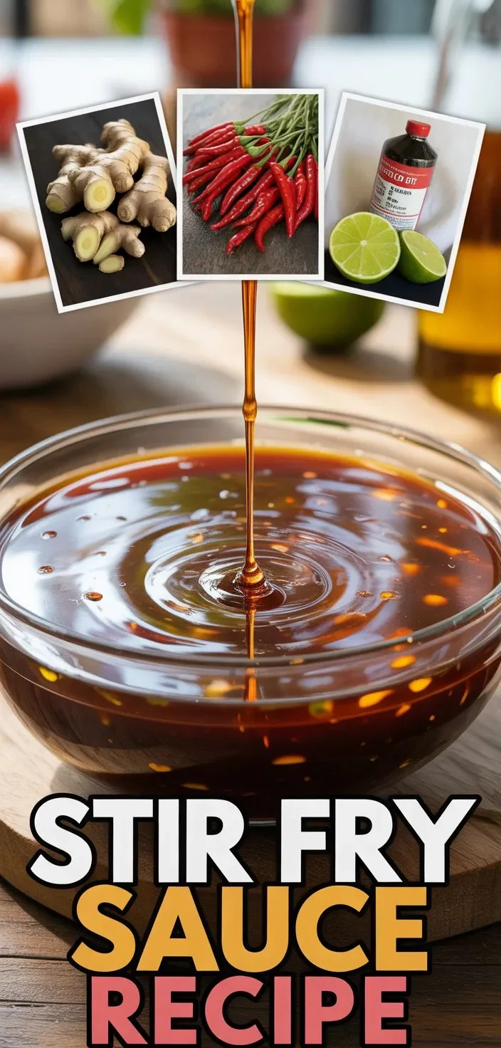 Homemade stir fry sauce in a glass bowl with fresh vegetables and spices