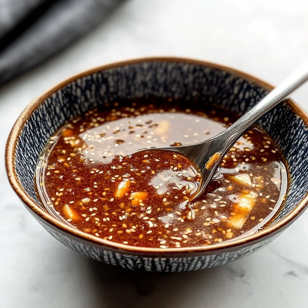 Homemade stir fry sauce ingredients in a bowl with a whisk