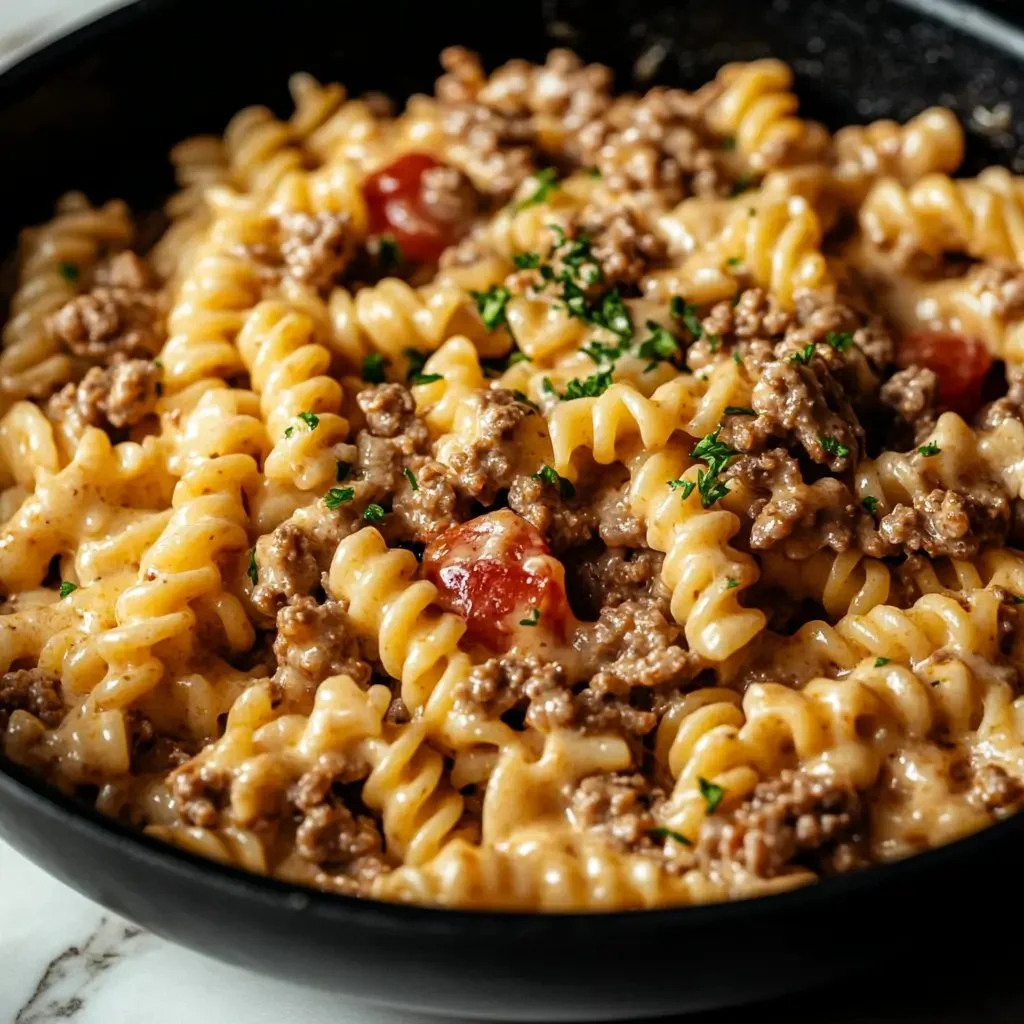 A delicious bowl of stovetop creamy ground beef pasta topped with herbs