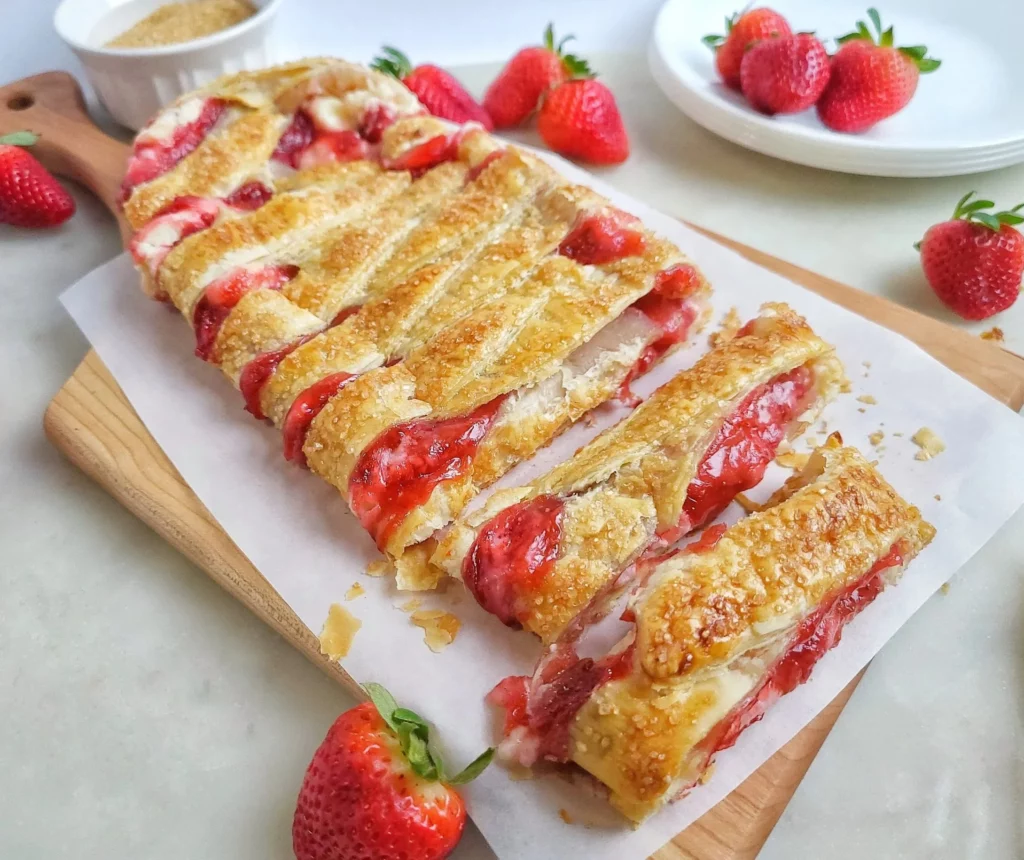 Freshly baked Strawberry Strudel with cream cheese filling on a plate.