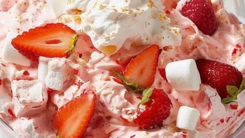 Delicious Strawberry Fluff Salad with whipped cream and strawberries