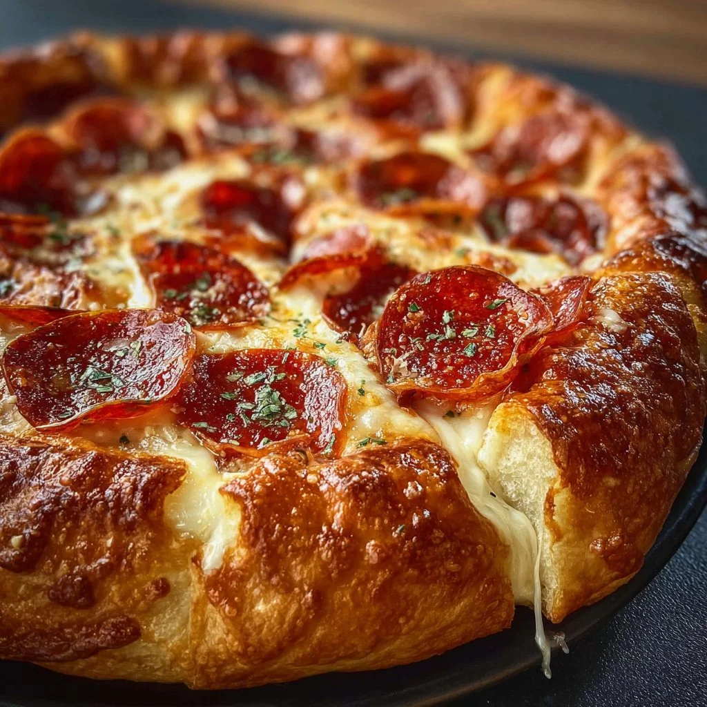 Stuffed crust pepperoni pizza with melted cheese and pepperoni slices.