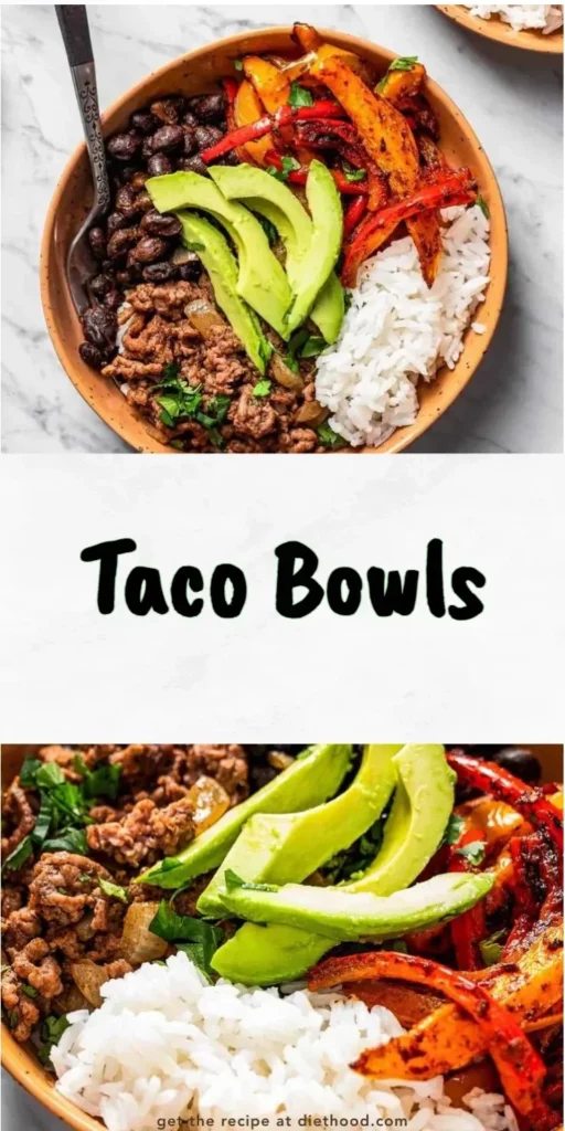 Colorful and appetizing taco bowls filled with fresh ingredients.