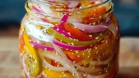 Tangy pickled pepper and onion relish in a jar
