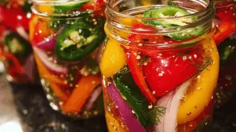 Jar of tangy pickled peppers on a wooden table.