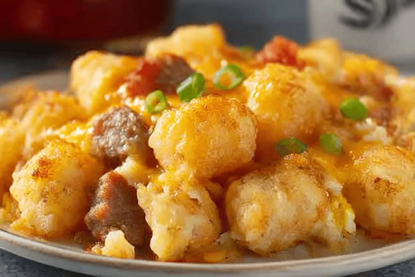 Delicious Tater Tot Casserole served with melted cheese and ground beef on top.