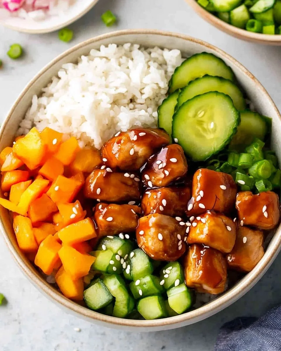 Delicious teriyaki chicken poke bowl with fresh vegetables and rice