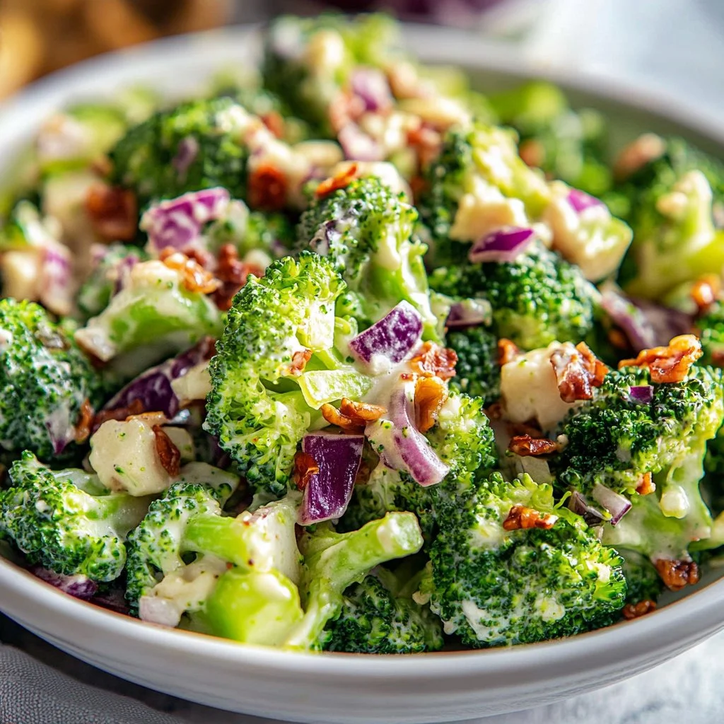 Delicious broccoli salad with nuts and dressing on a plate