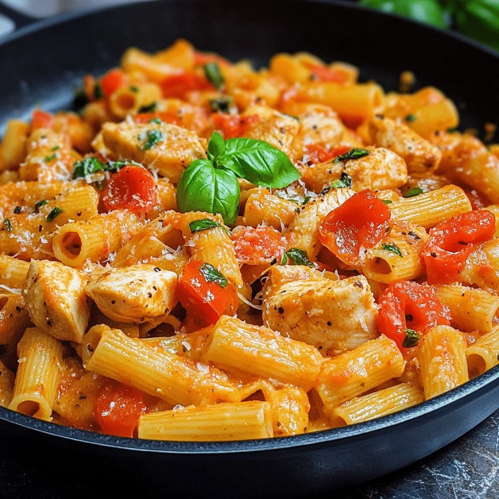 Delicious Tomato Basil Pasta with Chicken on a plate