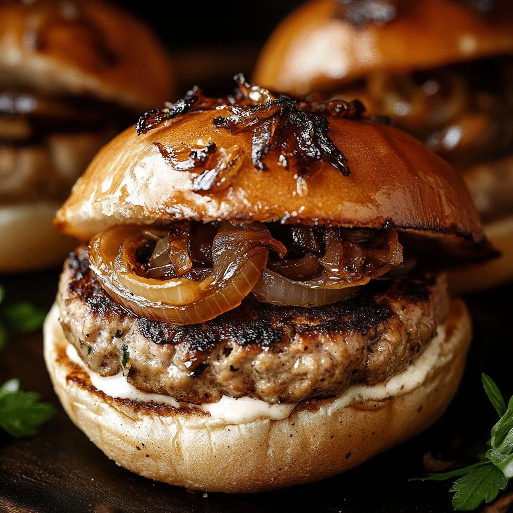 Turkey burgers with caramelized onions on a plate