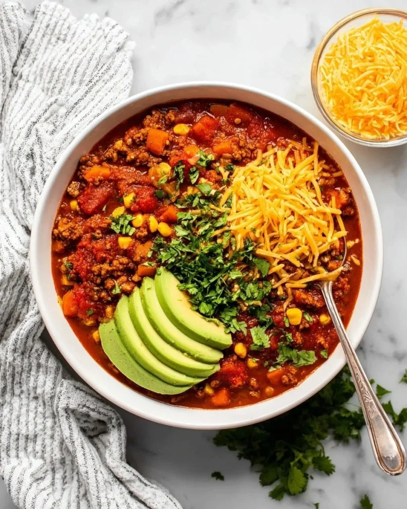 Bowl of Turkey Sweet Potato Chili with garnishes