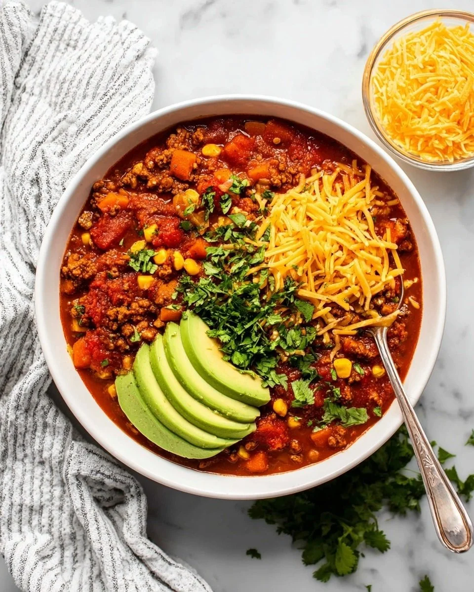 Bowl of Turkey Sweet Potato Chili with garnishes